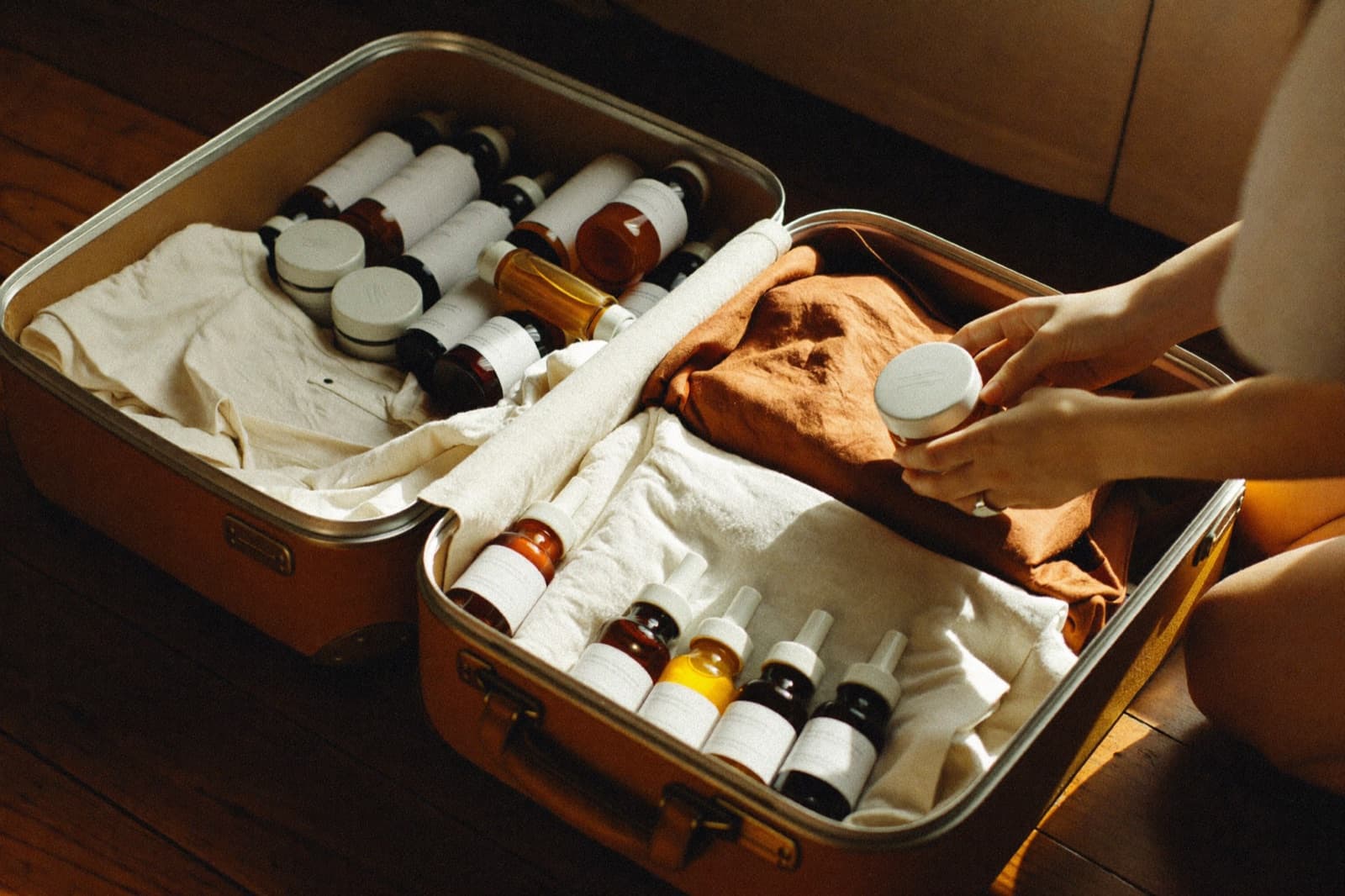 A suitcase being packed with skincare products for the trip to Singapore