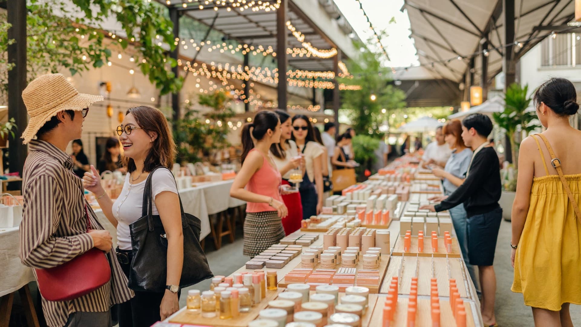 Shoppers browsing indie beauty and fashion booths at a Singapore pop-up market
