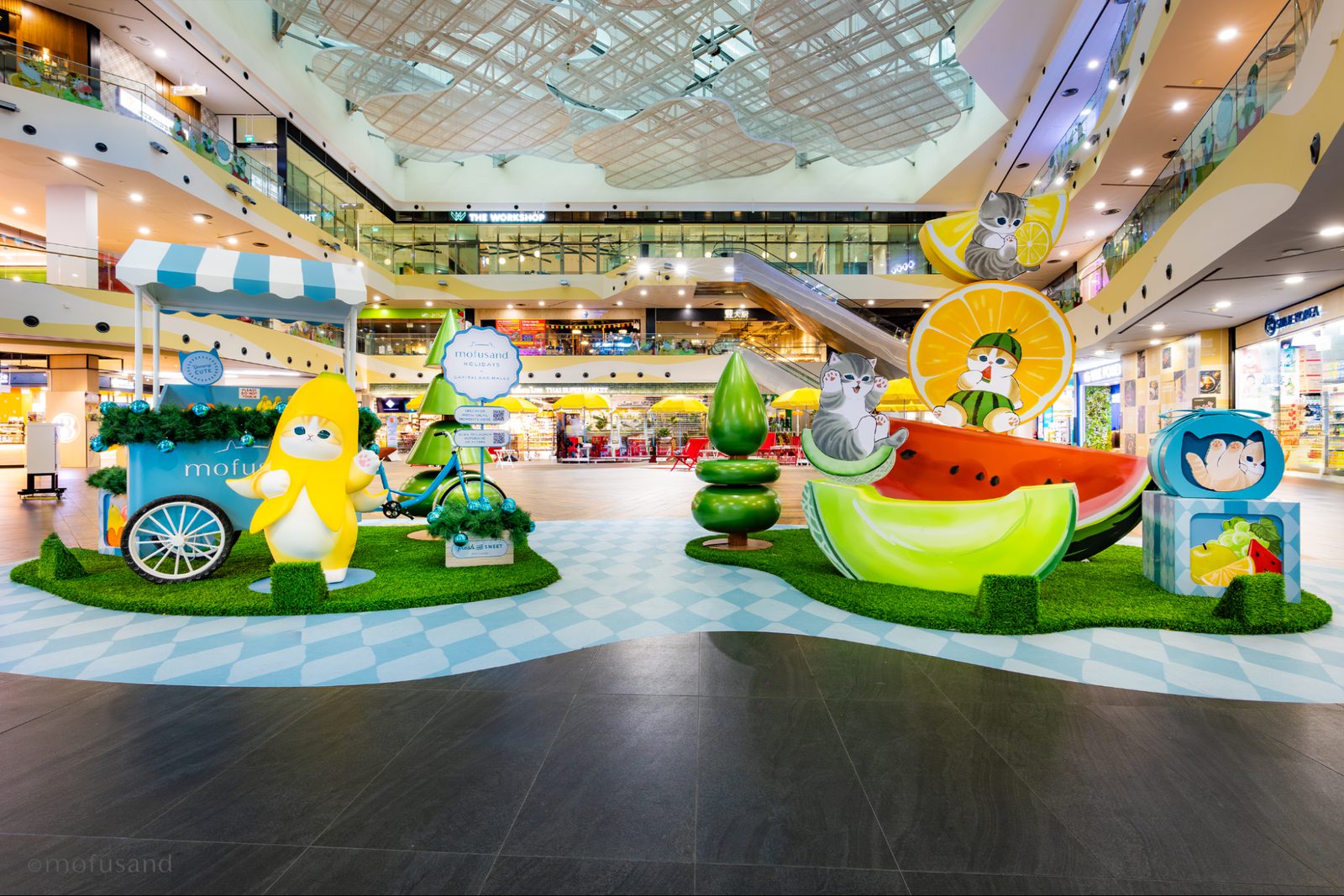 Larger-than-life Mofusand character pop-up installation inside a CapitaLand mall atrium in Singapore
