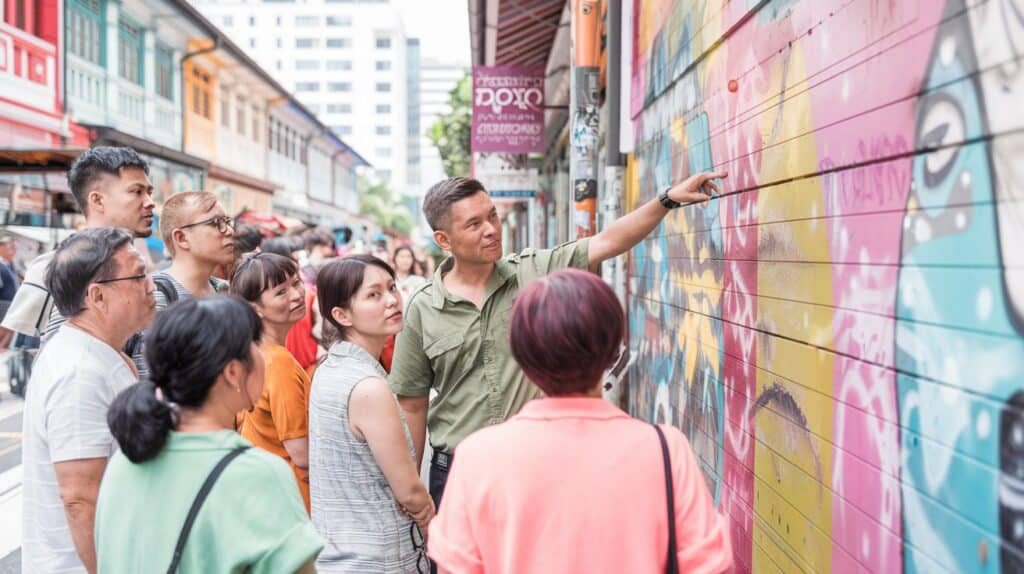 Street scene along the Chinatown Street Market pushcart lanes in Singapore