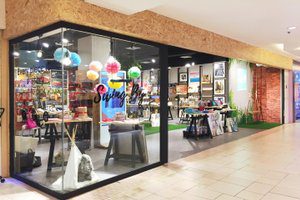 Pop-up store interior with seating and display area