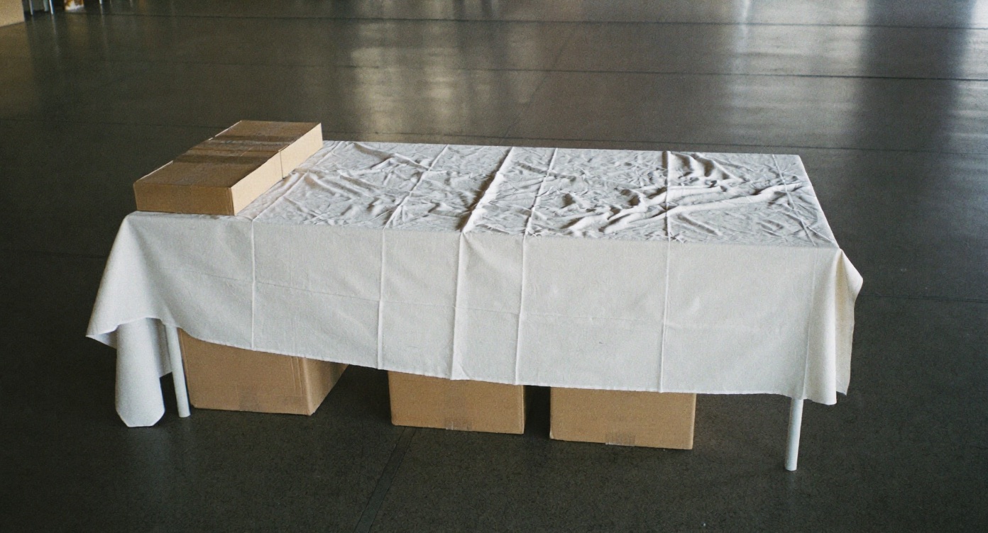 An empty market table with a folded cloth and stacked crates before an event opens