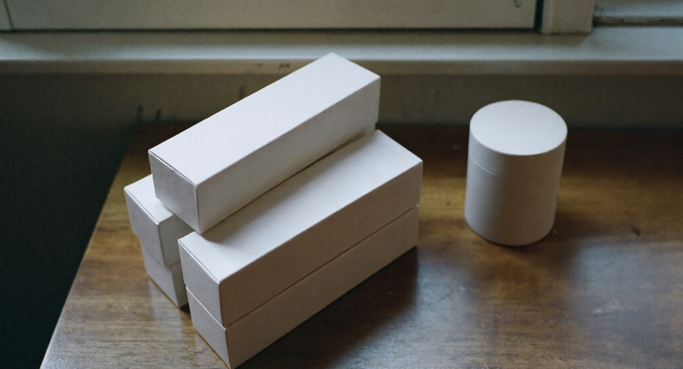 Plain unbranded cosmetic cartons and a jar on a table by a window