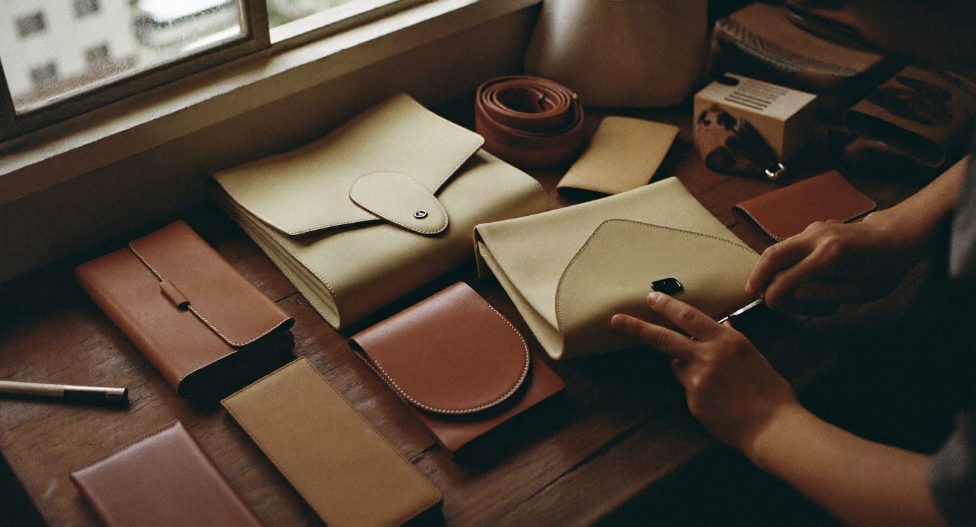 Flat leather pouches, wallets and a coiled belt laid out on a workbench while a maker works on one