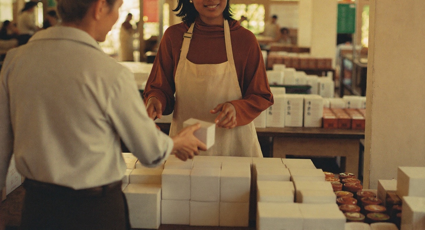 A vendor handing a plain unlabelled box to a shopper across a market stall table