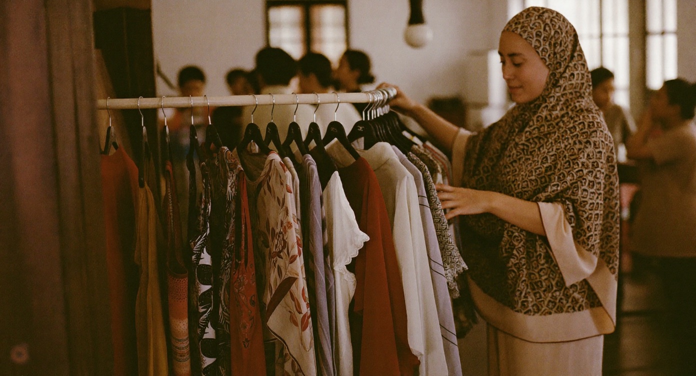 A woman in a hijab arranging garments on a clothing rail at a busy indoor bazaar