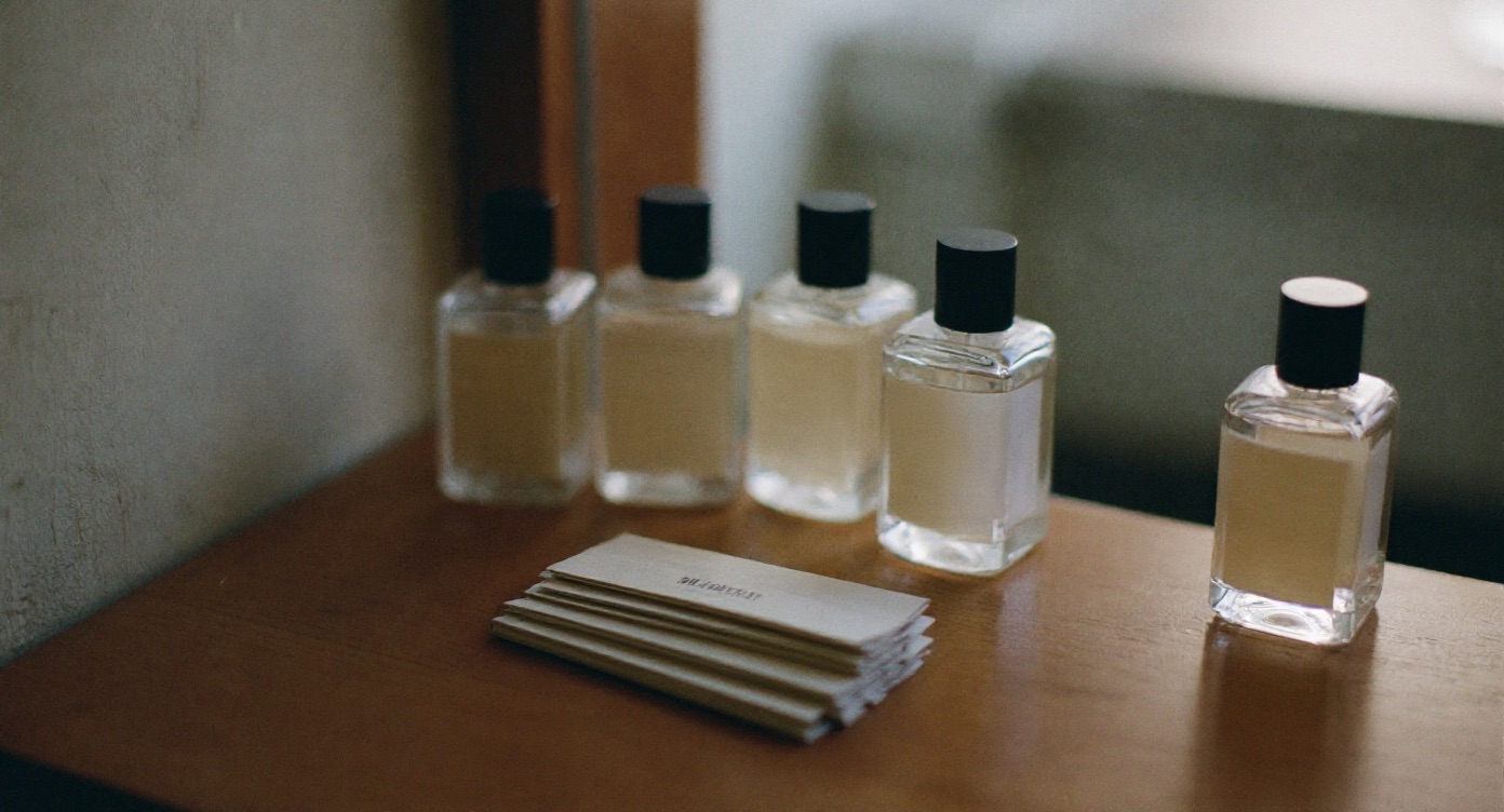 Several unlabelled perfume bottles and paper testing strips arranged on a wooden counter
