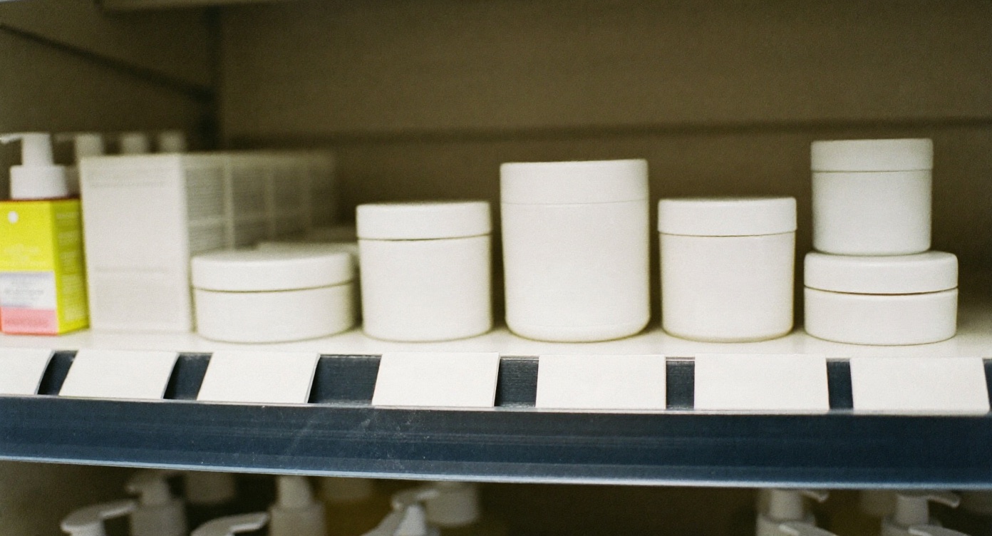 A row of skincare bottles on a Watsons shelf in Singapore, price tags and origin labels visible