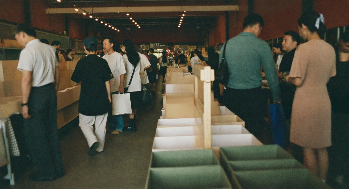 Shoppers browsing vendor tables at a busy indoor weekend market in Singapore
