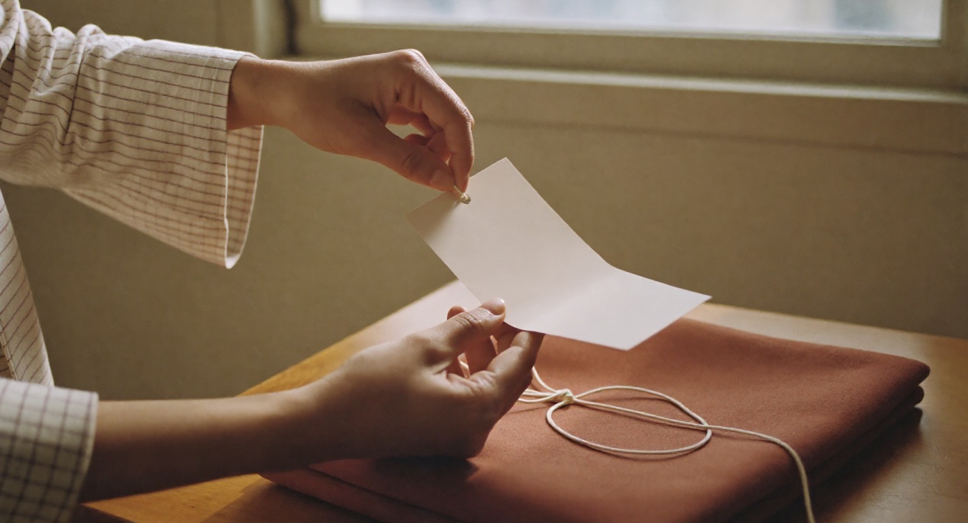Two hands turning over a blank swing tag tied with string to a folded garment on a sunlit table